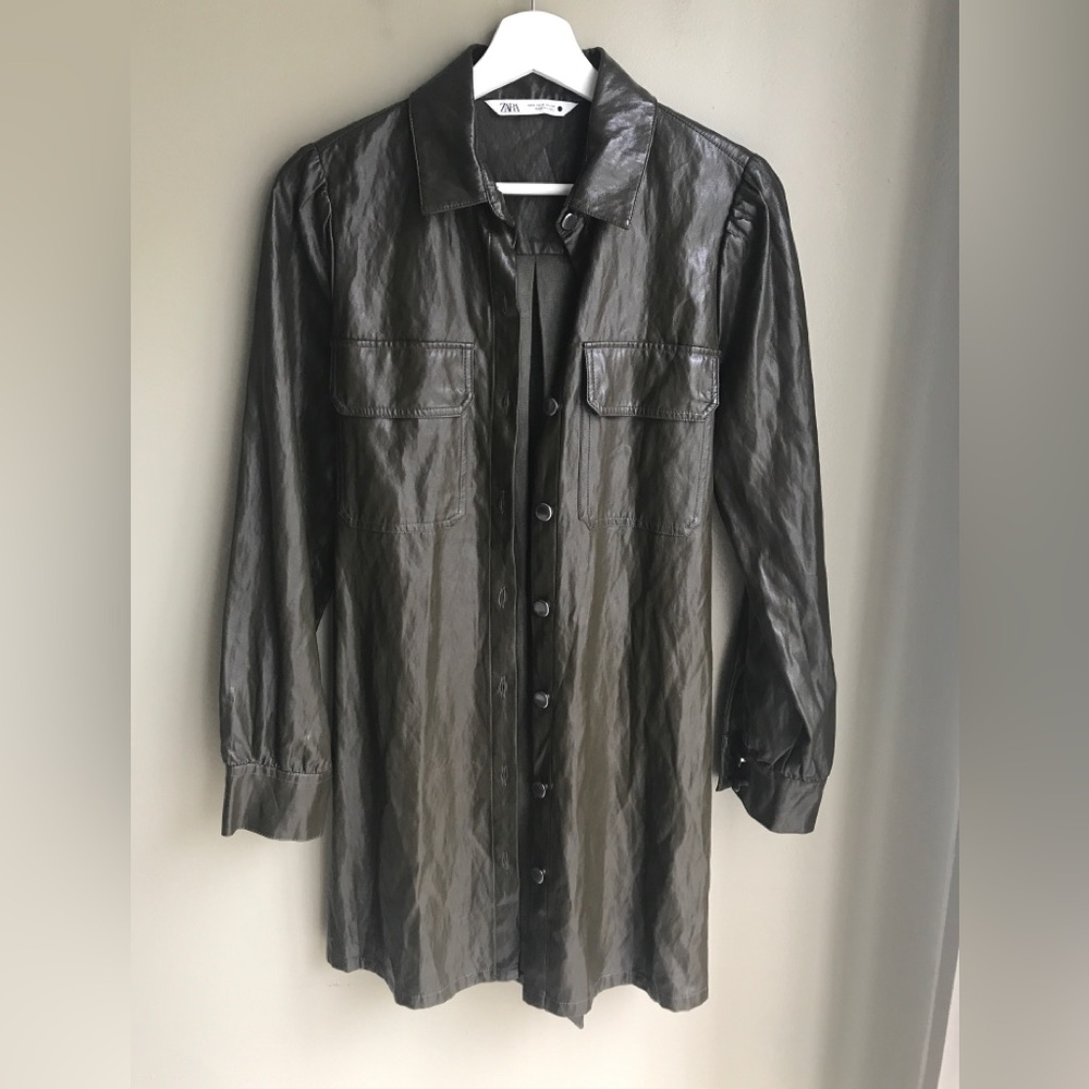 ZARA Faux Leather Belted Mini Shirt Button Up Dress Long Coat Jacket Size: S
